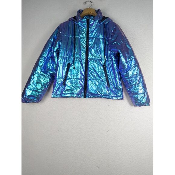 Club Exx Puffer Jacket Metallic Rave Mermaid Hooded Dancing Clubbing Medium - Picture 1 of 6